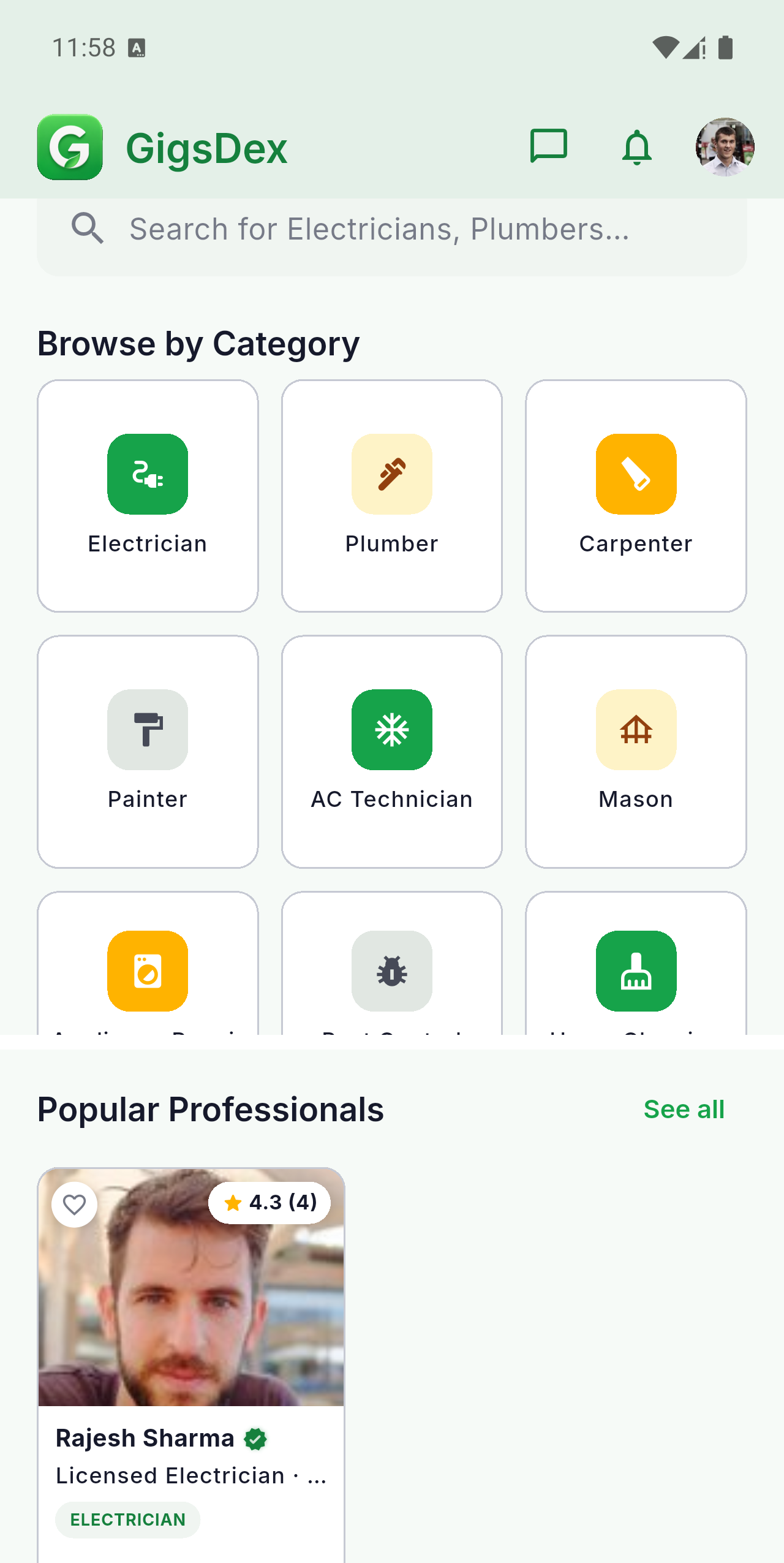 GigsDex home screen for guests browsing professionals