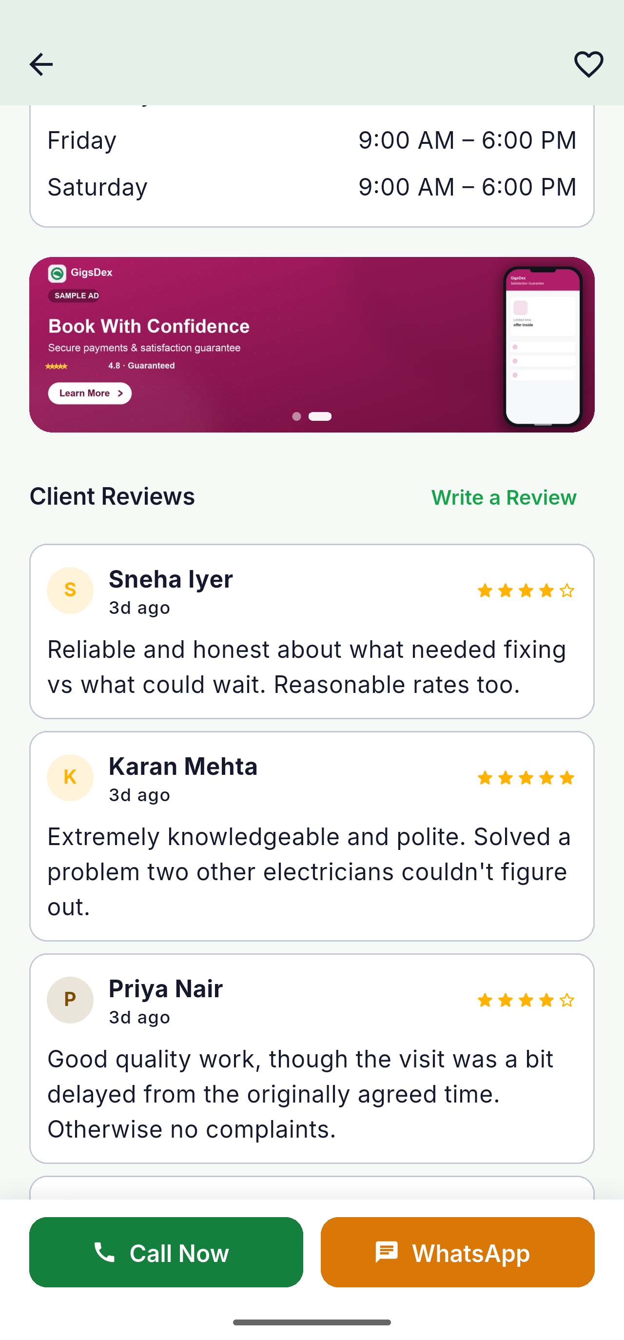 Real reviews on a GigsDex professional profile