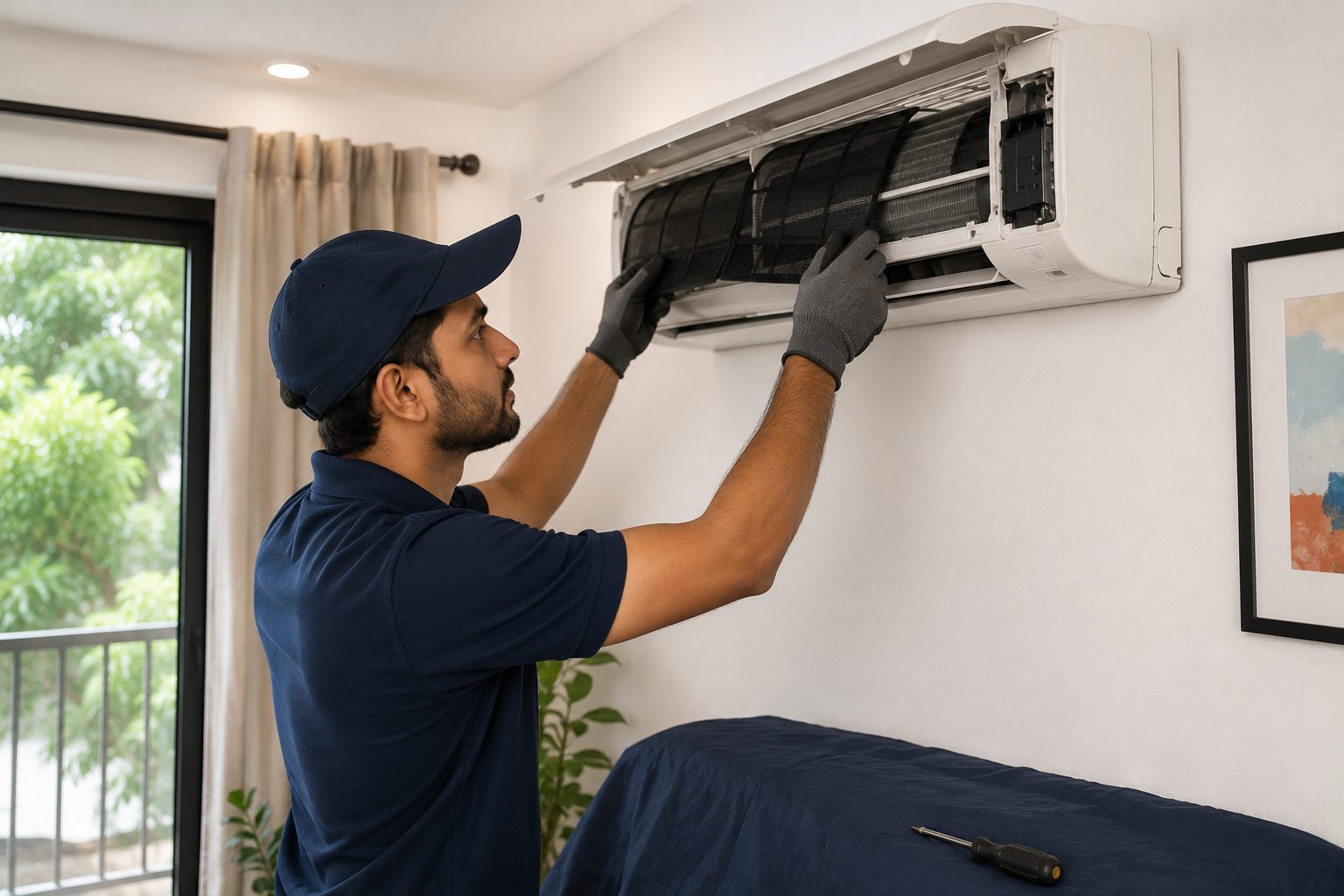 A technician servicing a wall-mounted air conditioning unit