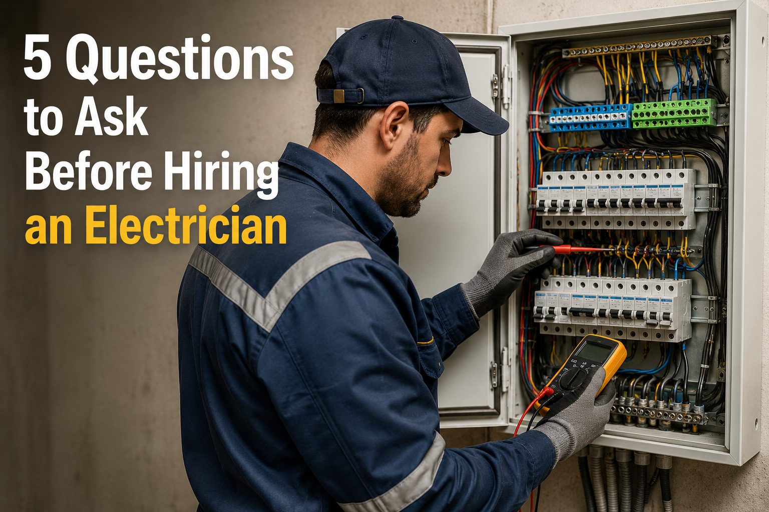 An electrician in work uniform inspecting an electrical panel