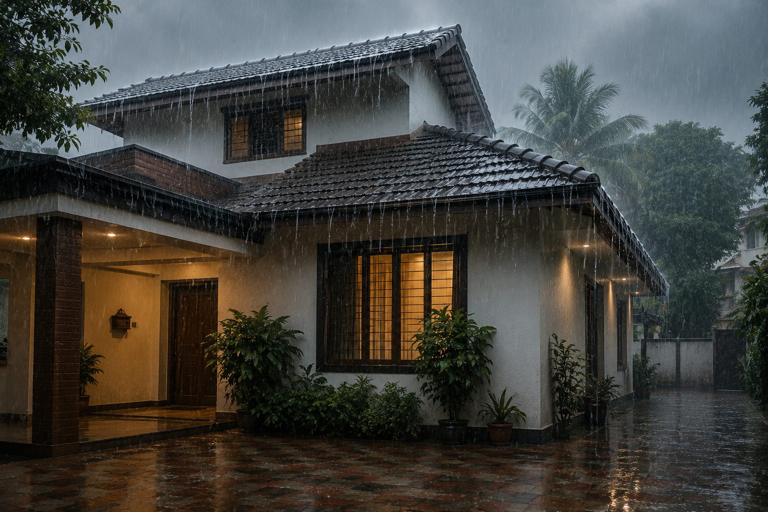 A house exterior during heavy monsoon rain