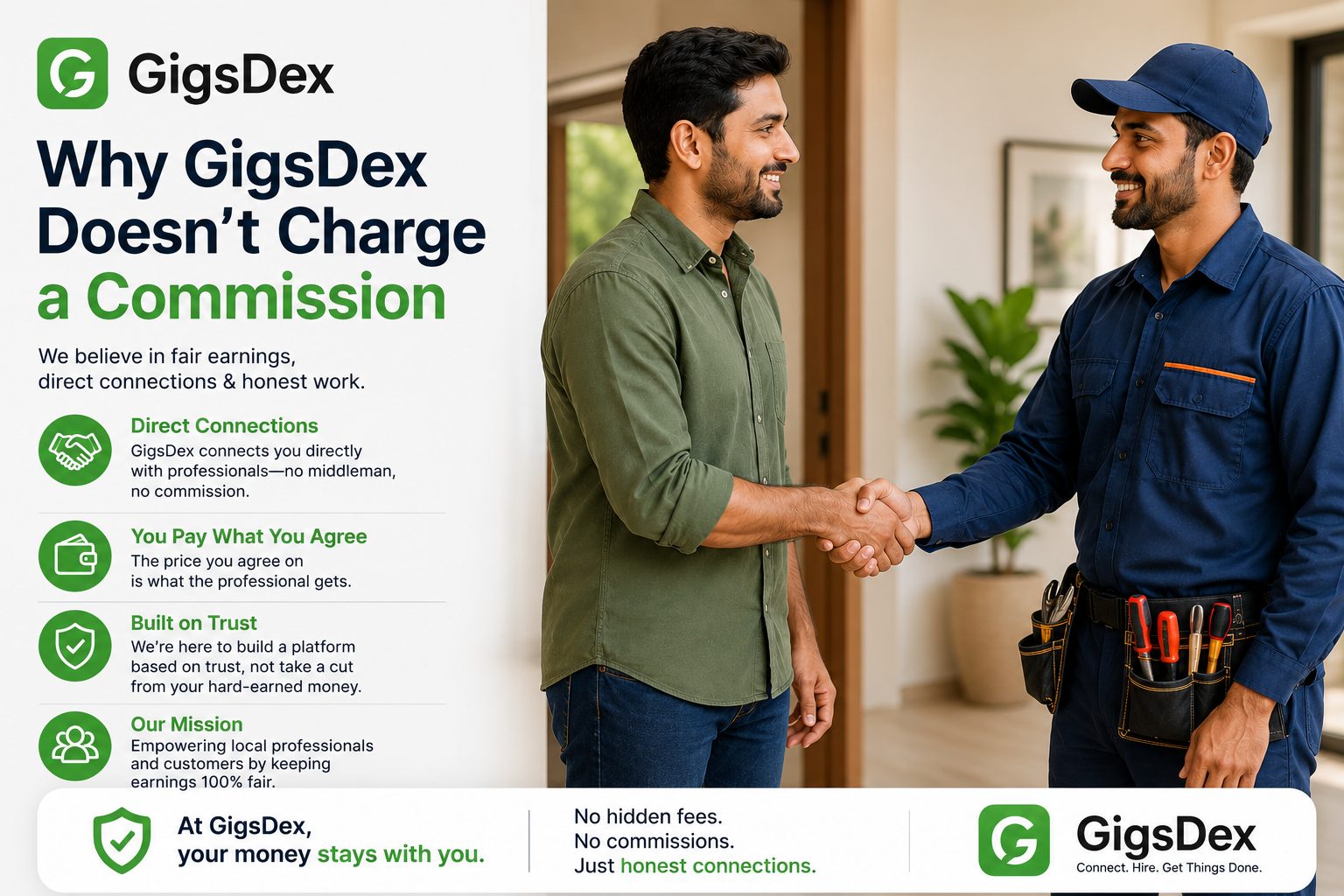 Two people shaking hands directly after agreeing on a home service job, no commission in between
