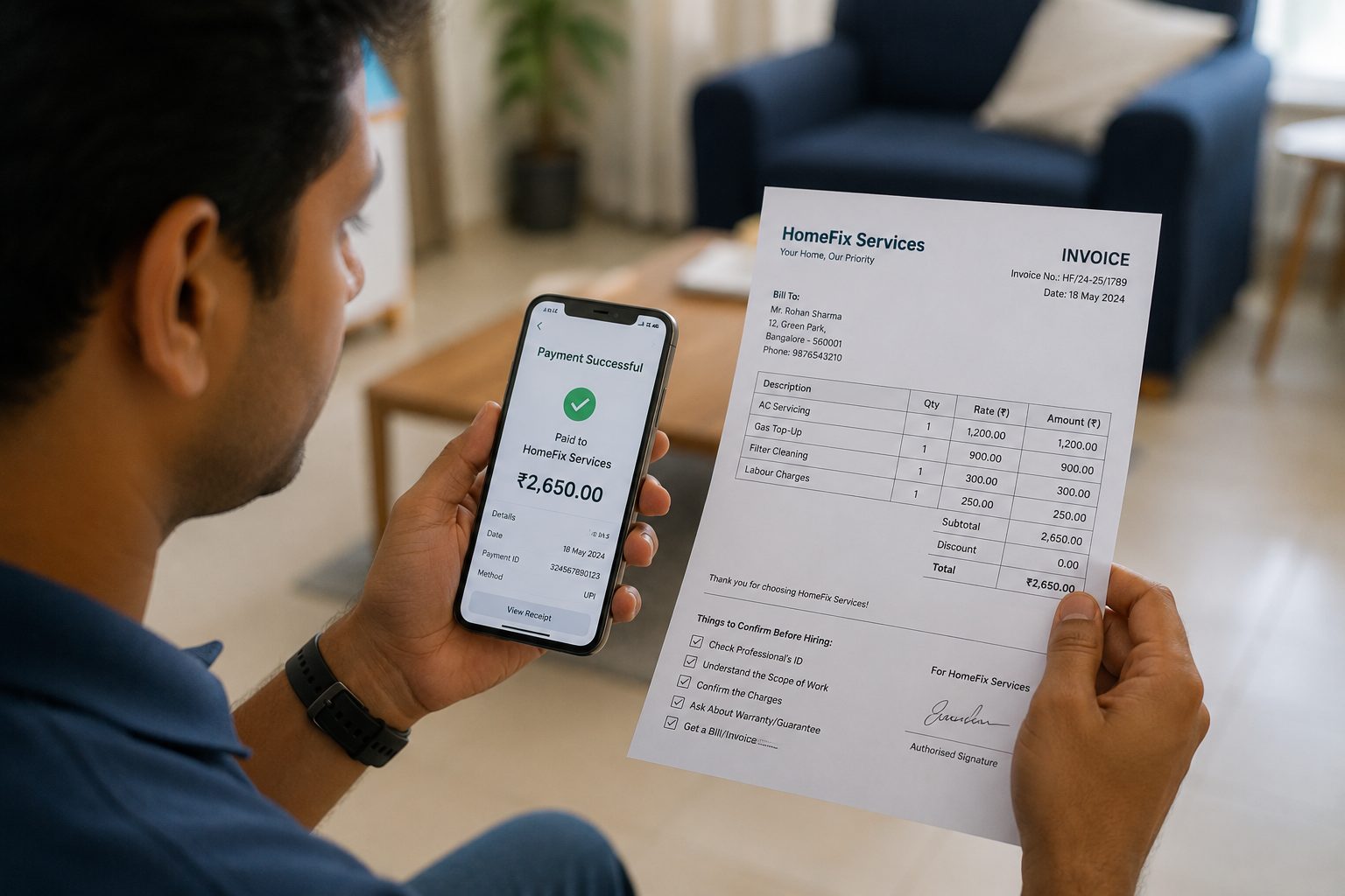 A person holding a phone and a printed receipt for a service payment